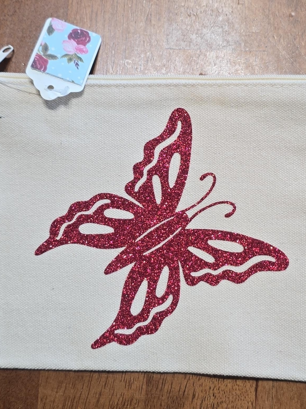 Canvas Coin Purse with Red Glitter Butterfly